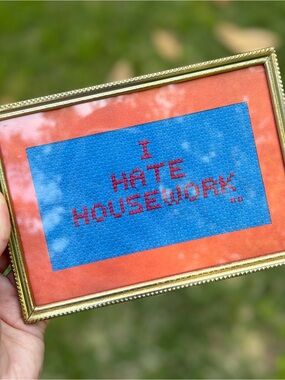 Vintage 80s I Hate Housework Needlepoint Cross Stitch Framed Art